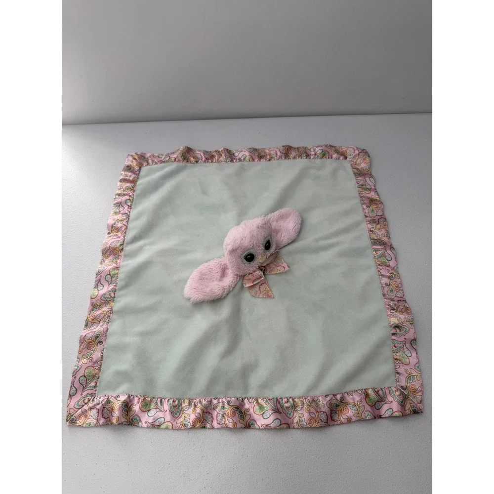 Bearington Baby Owl Security Blanket Lovey Pink Paisley Satin Sage Green 18